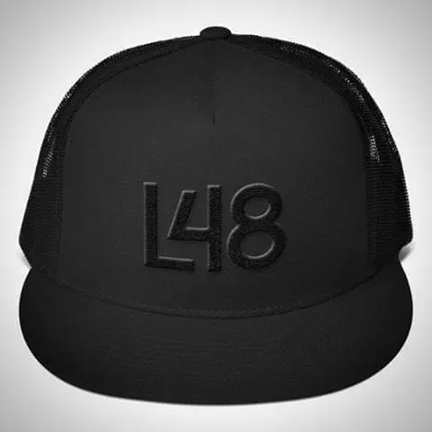 L48 Trucker Hat. Midnight Edition. Available Now. #Hiking #Outdoors #OffRoad #BlackOut