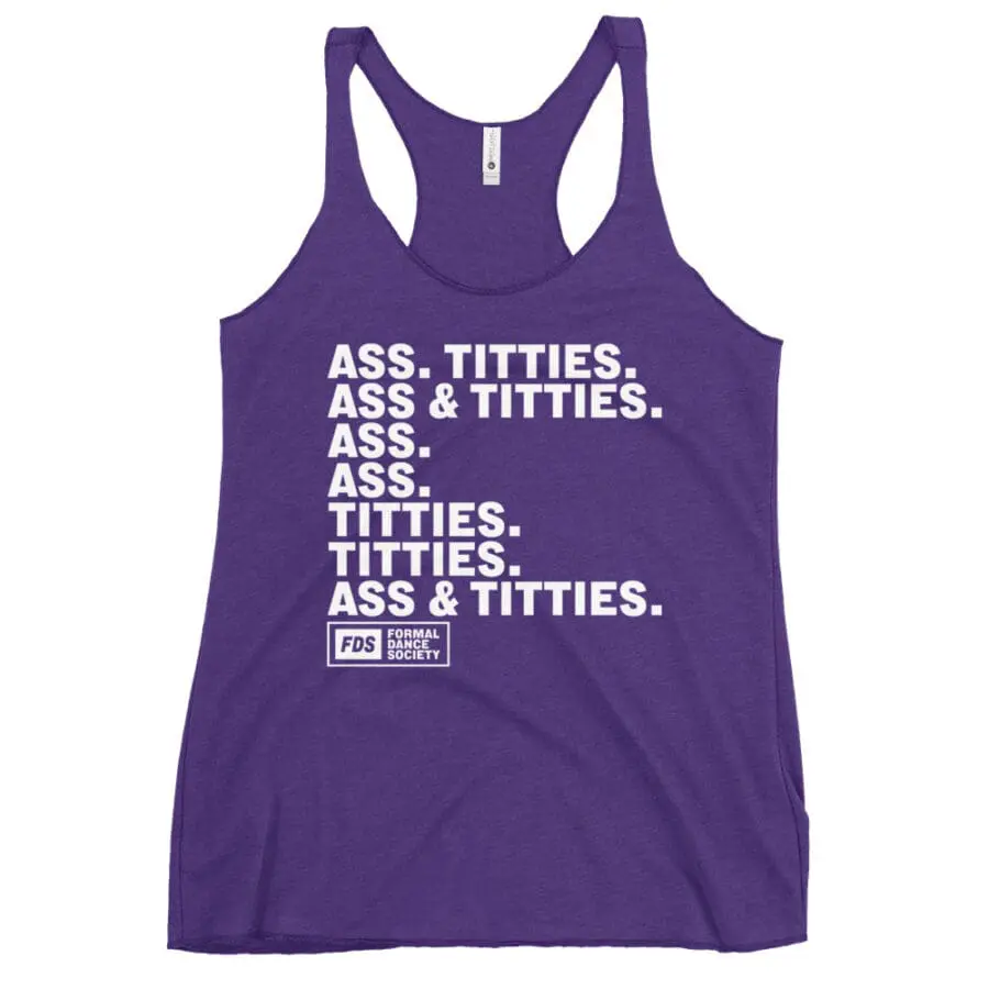 Purple Women's Racerback Tank Top with Bold White Text Reading the Phrases, Plus a Small Fds Logo at the Bottom.